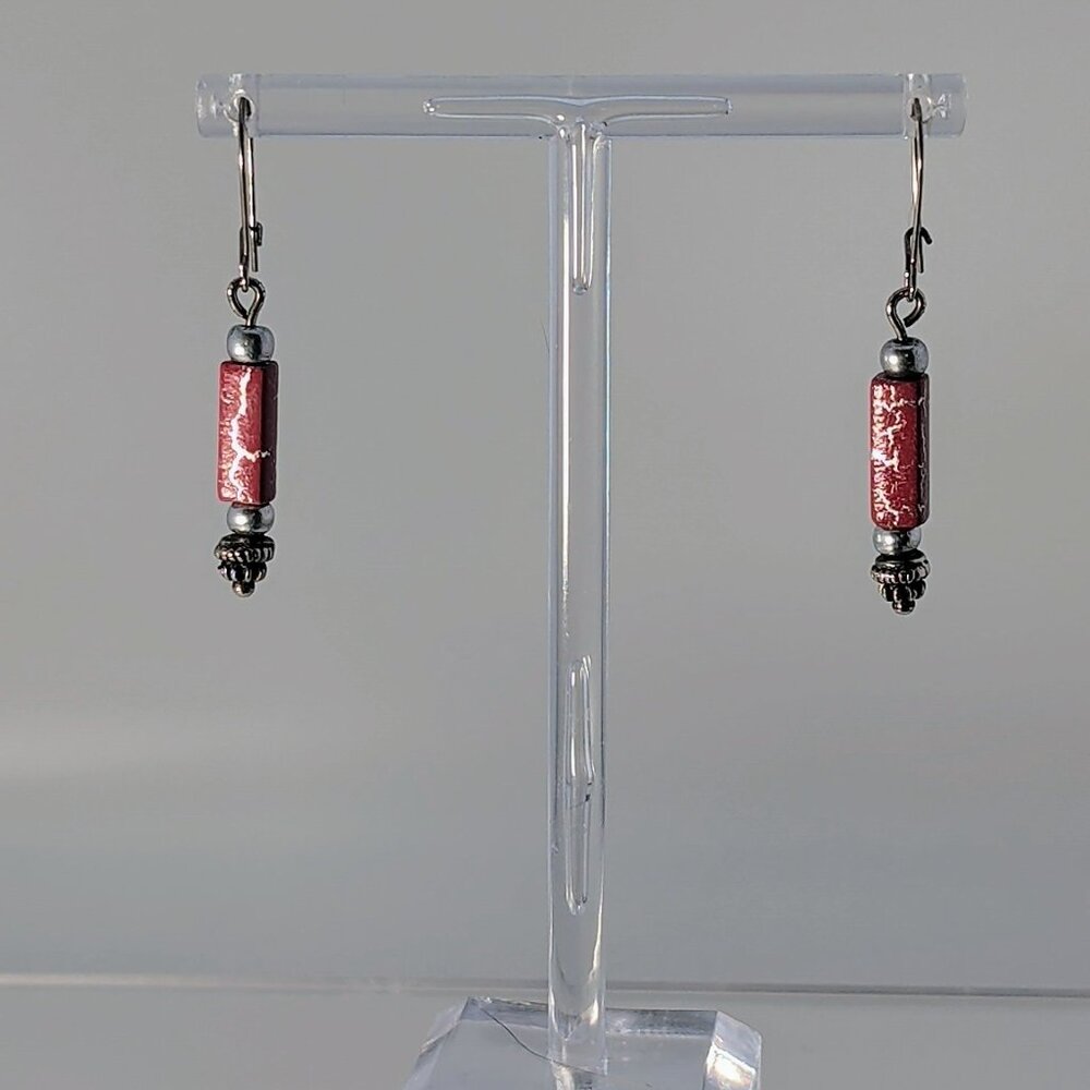 Handcrafted Red & Silver Dangle Earrings With Glass Beads